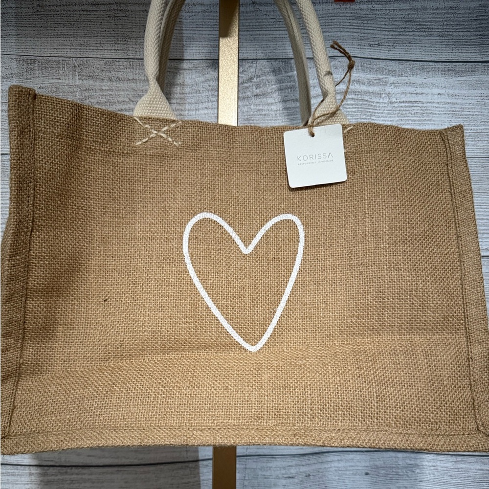 Korissa  Tan and White Tote Bag with Heart Design